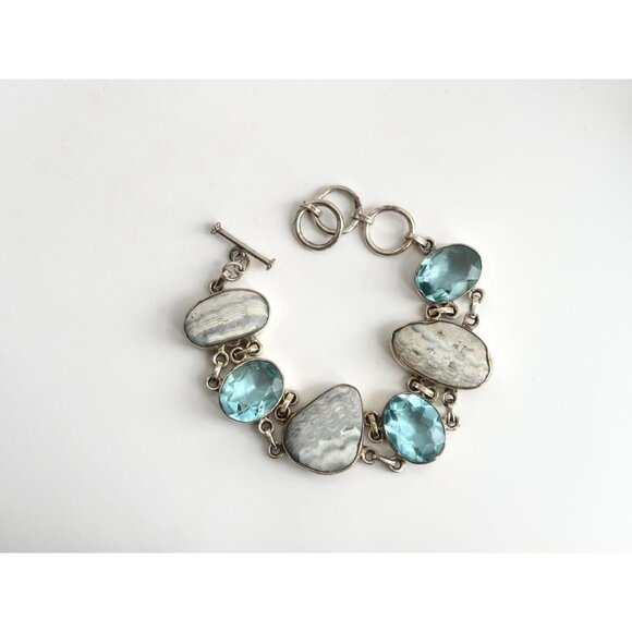 Blue Gemstone & Jasper Chainlink Silver Toned Chunky Vintage Tennis Bracelet - Picture 2 of 14